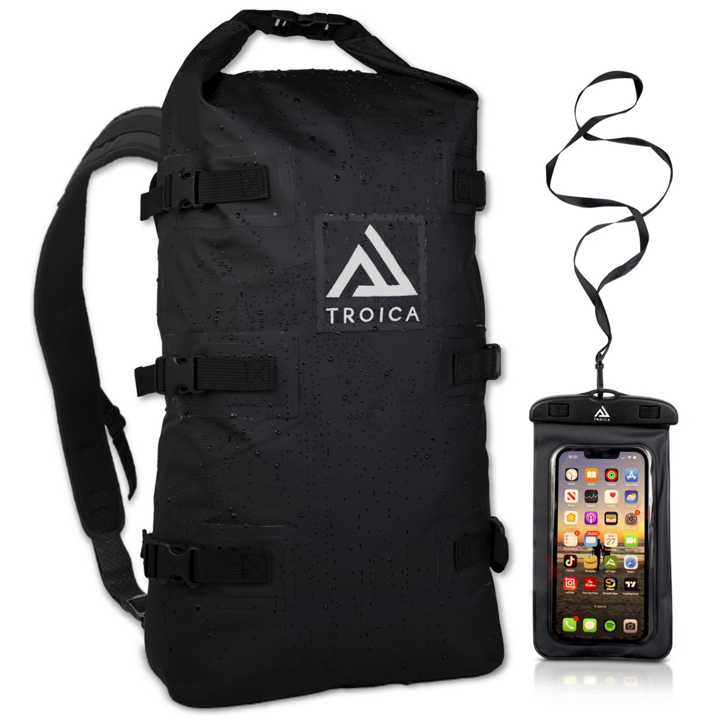 Troica waterproof dry backpack with waterproof cellphone case